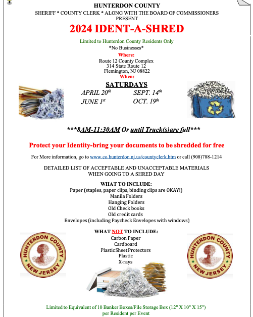 FREE shred event for Hunterdon County residents takes place tomorrow, Saturday 4/20. Please see the informational flyer or co.hunterdon.nj.us/DocumentCenter…

#realtor #realtorinajeep #helpfulagent  #realestateagent #hunterdoncountynj #getyourhomesold  #homeorganizing #homeorganizationtips