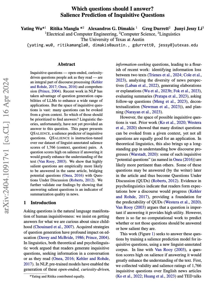 YatingWu96's tweet image. LLMs can mimic human curiosity by generating open-ended inquisitive questions given some context, similar to how humans wonder when they read.  

But which ones are more important to be answered?🤔 

We predict the salience of questions, substantially outperforming GPT-4.🌟 🧵1/5