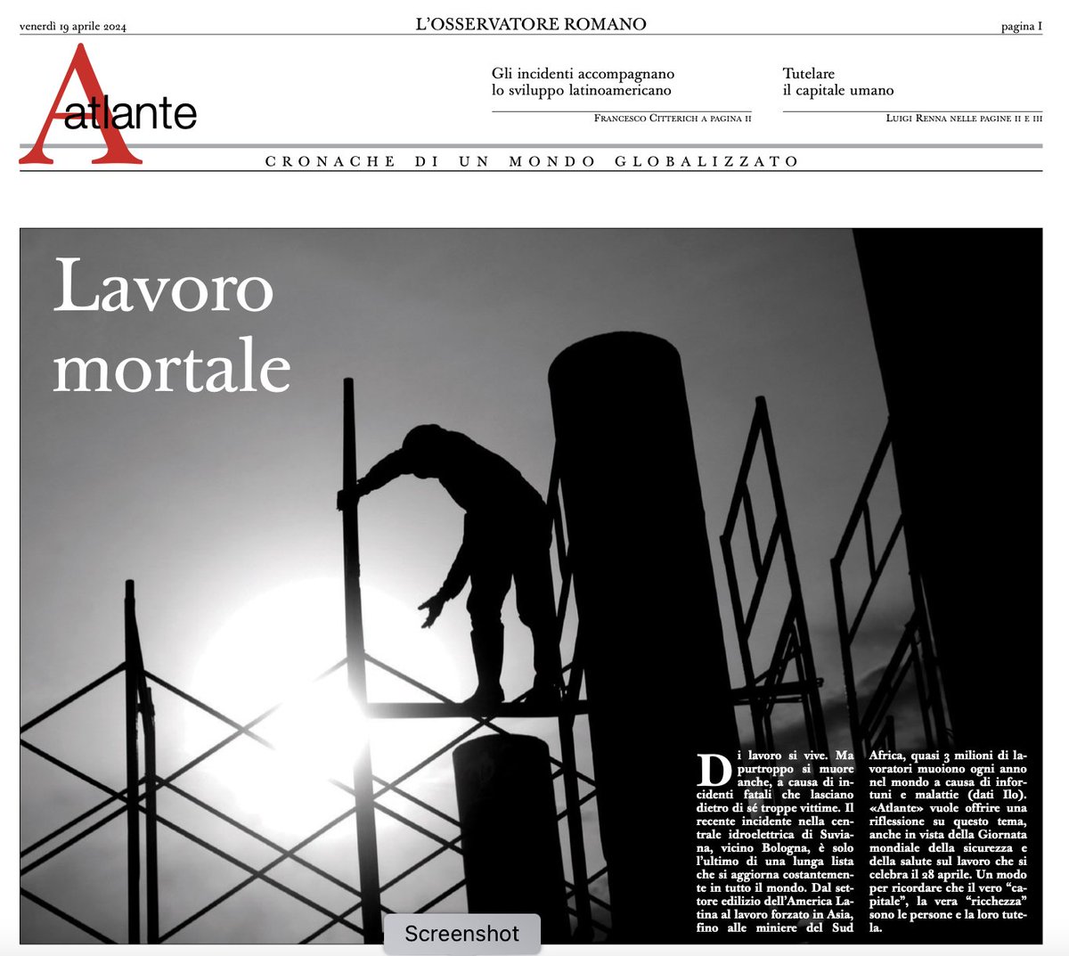 Oggi su #Atlante Di #lavoro si vive. Ma purtroppo si muore anche, a causa di incidenti fatali che lasciano dietro di sé troppe vittime. Il recente incidente nella centrale idroelettrica di Suviana, vicino Bologna, è solo l’ultimo di una lunga lista [...] osservatoreromano.va/it/news/2024-0…