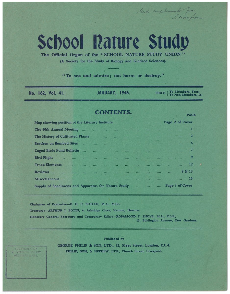 A 1946 edition of 'School Nature Study', #HBAHGreen the official organ of the School Nature Study Union, encouraging us to 'See and admire; not harm or destroy' #EYANature - from the papers of mathematics lecturer Annie Mary Trout: archives.soton.ac.uk/records/MS112