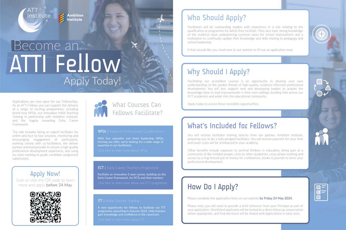 📣 FELLOWS APPLICATIONS OPEN 📣
Join us & help facilitate NPQs, ITT & ECT! An opportunity to get involved in PD with us & @Ambition_Inst, building relationships🤝& networking🌐across @AcademyTrust & beyond.
Apply now🤩👇 academytransformationtrust.co.uk/institute/fell…
#TransformingLives #TransformingPD