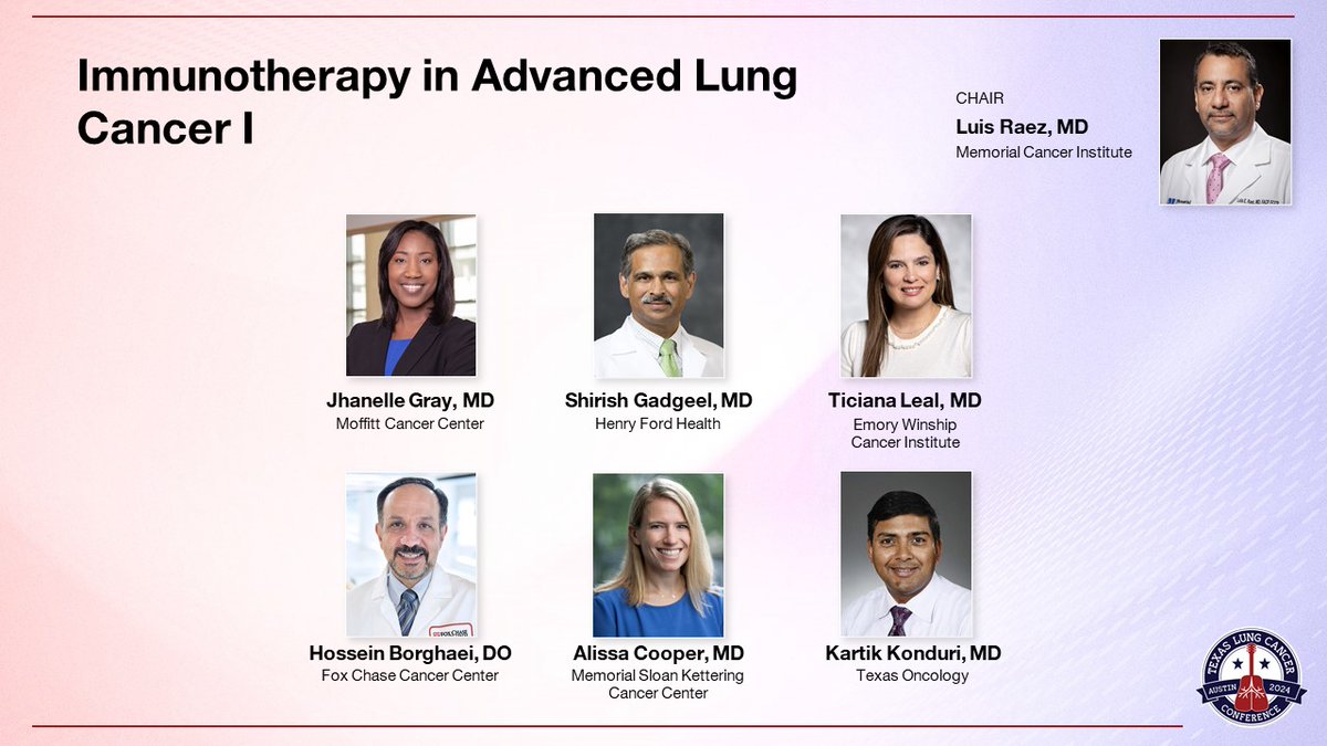 Kicking off the first session: '#Immunotherapy in Advanced Lung Cancer I' at #TexasLung24 with Drs. @LuisRaezMD, @JhanelleGray, @LealTiciana, @HosseinBorghaei, @alissajcooper, and Kartik Konduri. 8:40am CST.