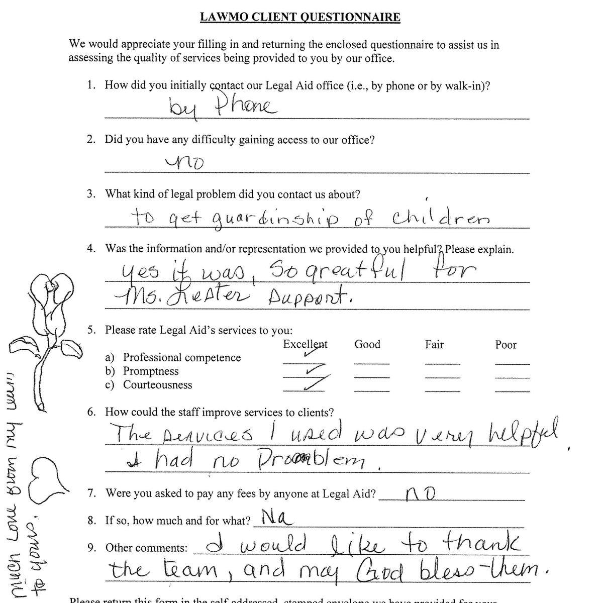 Hello, Friday! We have some sweet client feedback for you. Central office attorney Kelsey Lester helped her client obtain guardianship over their grandchildren! 😍

#ClientQuote #GrandFamilies #JusticeForAll #TGIF