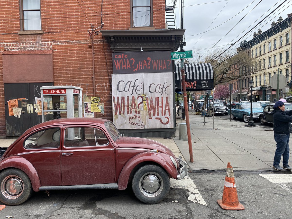 Filming is underway in earnest on Timothee Chalamet’s Bob Dylan biopic. My block in Jersey City is now fully transformed into Greenwich Village cerca 1960. Not the Pete Seeger posters and other period details.