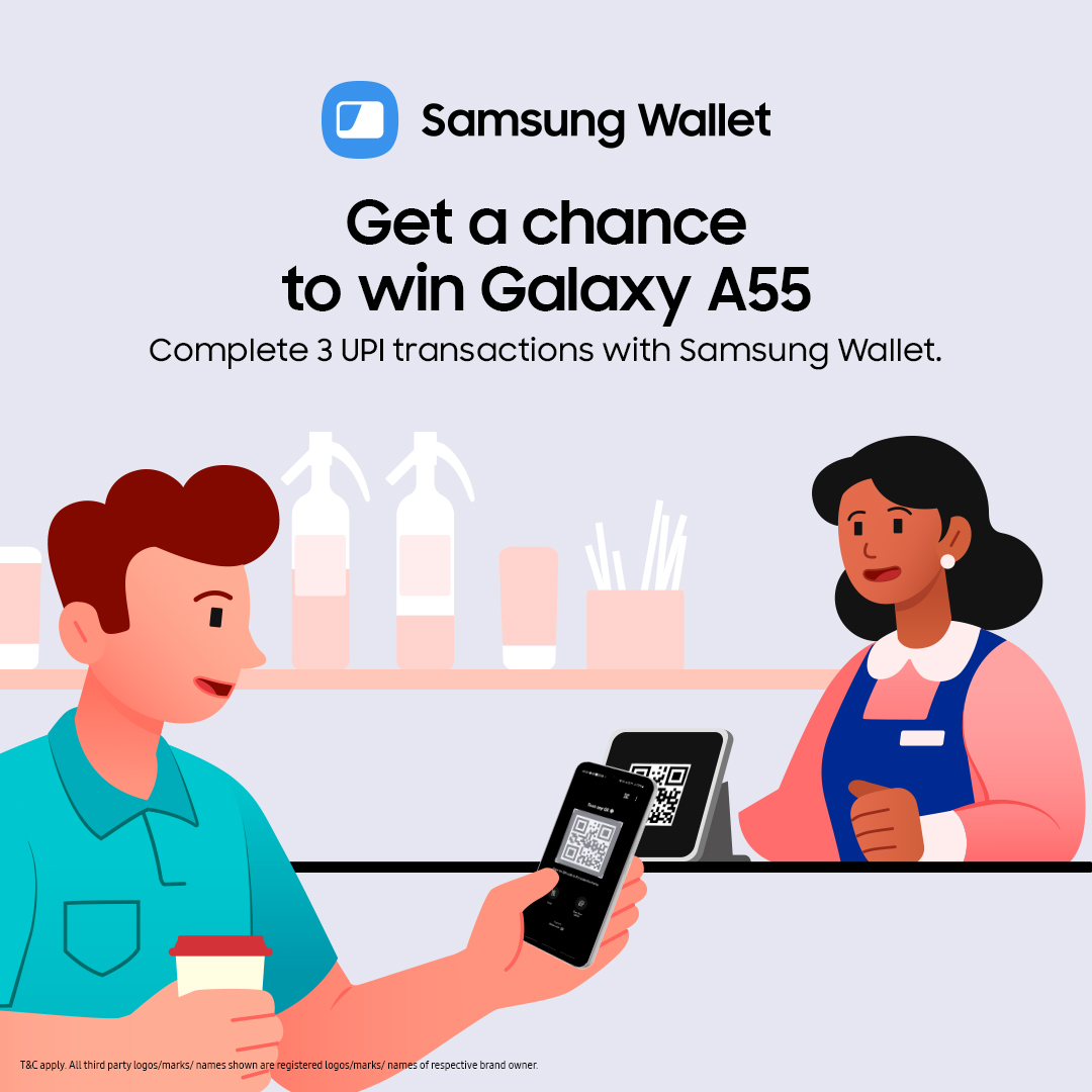 Chance to win Galaxy A55 Complete 3 UPI transactions using Samsung Wallet and stand a chance to win Galaxy A55 device. Offer valid till 8th May 2024. Join now: smsng.co/6010bPQAj. #Samsung #SamsungWallet