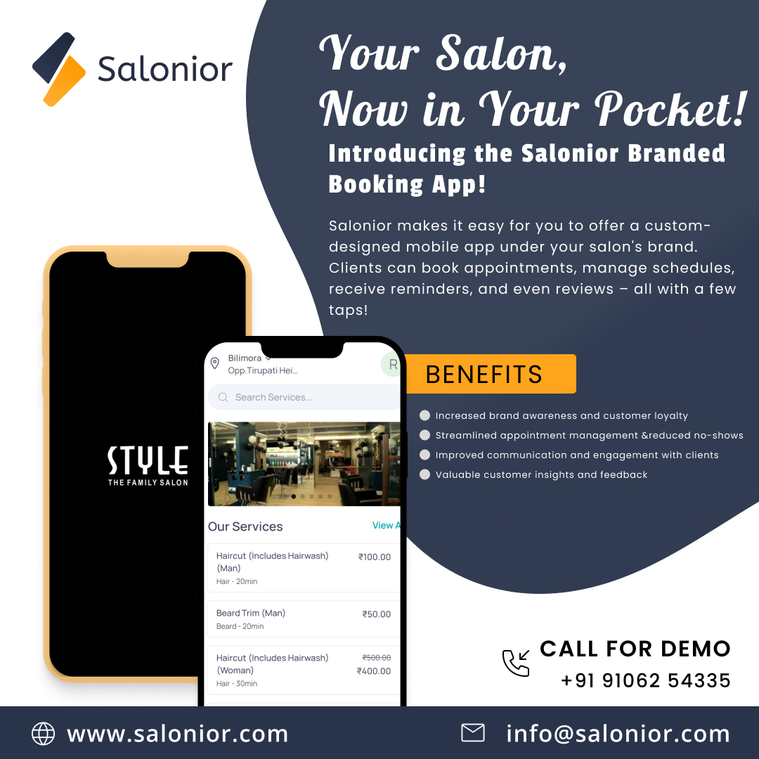 Put your salon in their pocket!  Salonior's branded app lets clients book appointments, manage schedules, and stay connected – anytime, anywhere!
#Salonior #SalonManagement #SalonSoftware #SaloniorApp #BrandedApp #EffortlessSalon #ClientConvenience #SalonManagement