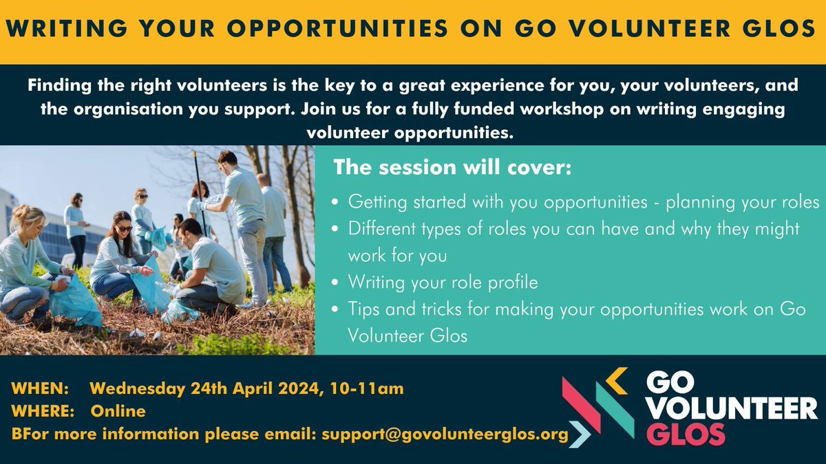 Join our @GoVolunteerGlos manager, Emma, for a free online workshop to find out how to craft engaging opportunities & make the most out of the online platform. 📅 24 April 2024 🕙 10 -11 am Find out more & book: buff.ly/3E8iszT #VCSENewsGlos #Gloucestershire