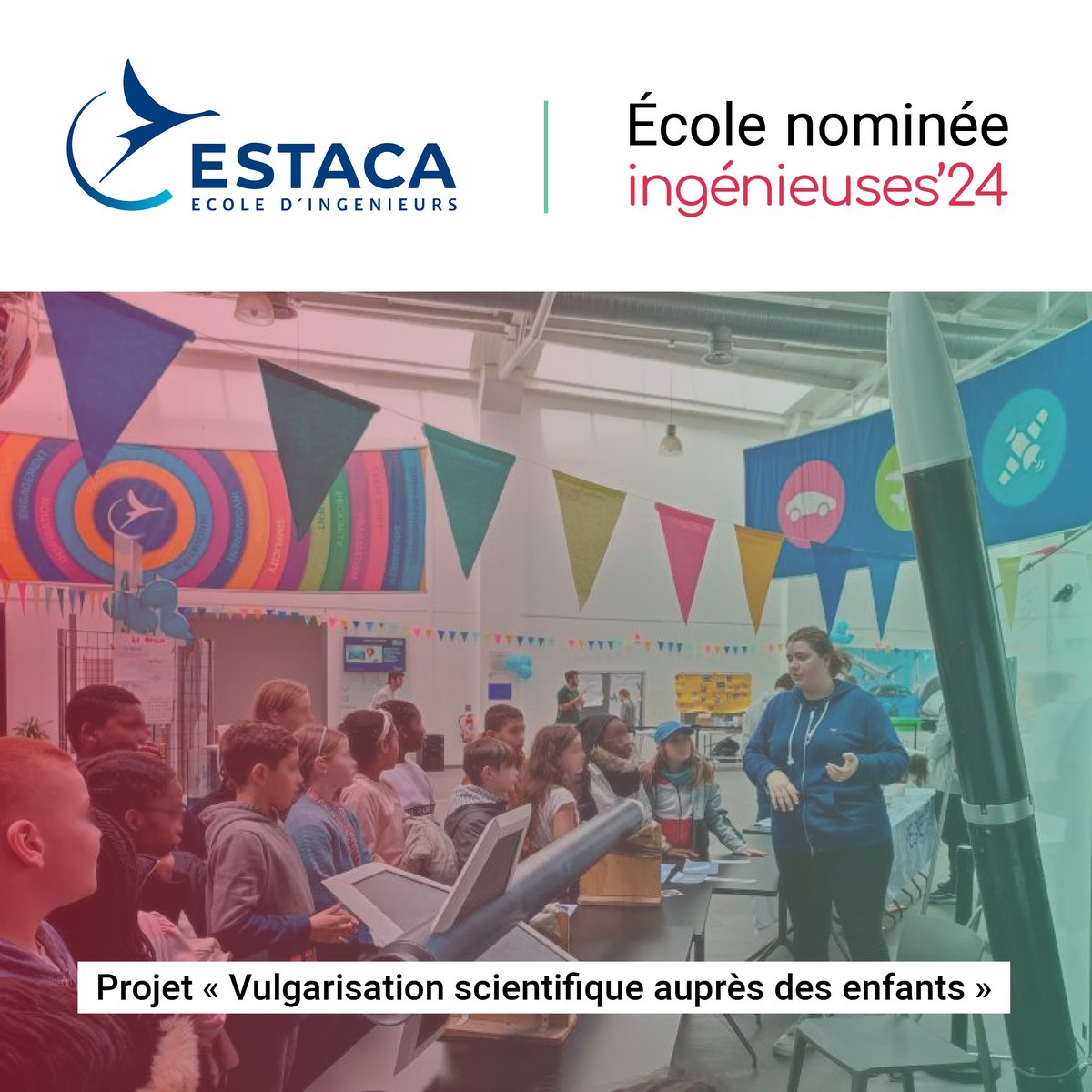 #Ingénieuses2024 Notre 1re école nominée est l'@Estaca_twit, pour son projet « Vulgarisation scientifique auprès des enfants » porté par l'association étudiante PEGASE. Découvrez le projet 👉 ingenieuses.fr/2024/04/19/vul… Et rdv le 16 mai pour la cérémonie 👉 cdefi.fr/fr/evenements/…