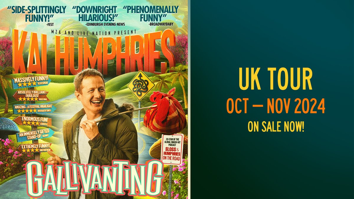 On sale! @kaihumphries: Gallivanting Sat 19 Oct Co-star of the brilliantly funny podcast ‘Sloss & Humphries on the Road’. Catch Kai in his natural element – live, up close and hilarious! Tickets 👉 tinyl.io/AeOj