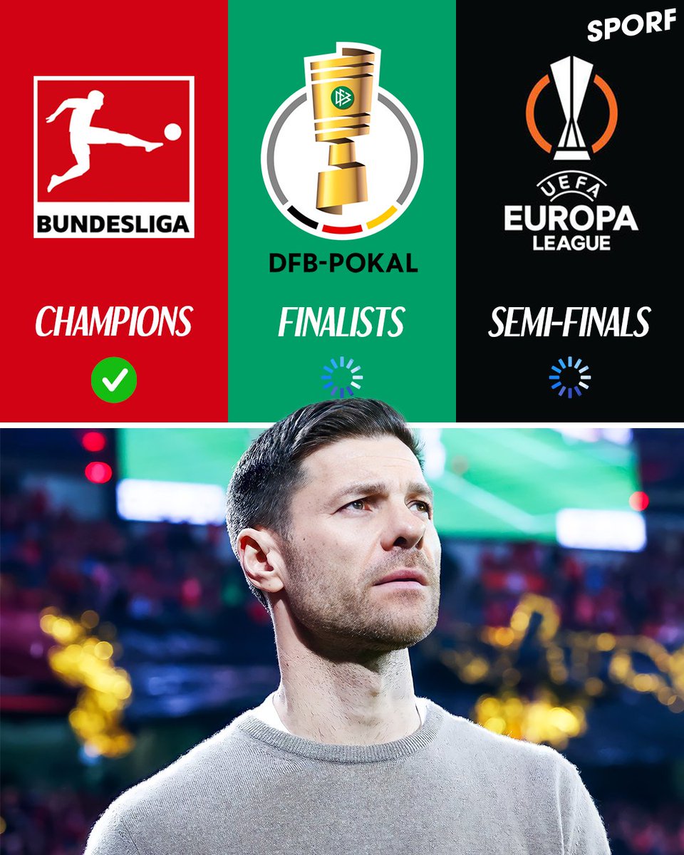 The hunt for the treble 🏆⏳⏳ Xabi Alonso took over @bayer04fussball in October 2022, who at that time were second from bottom after eight Bundesliga games. 👏