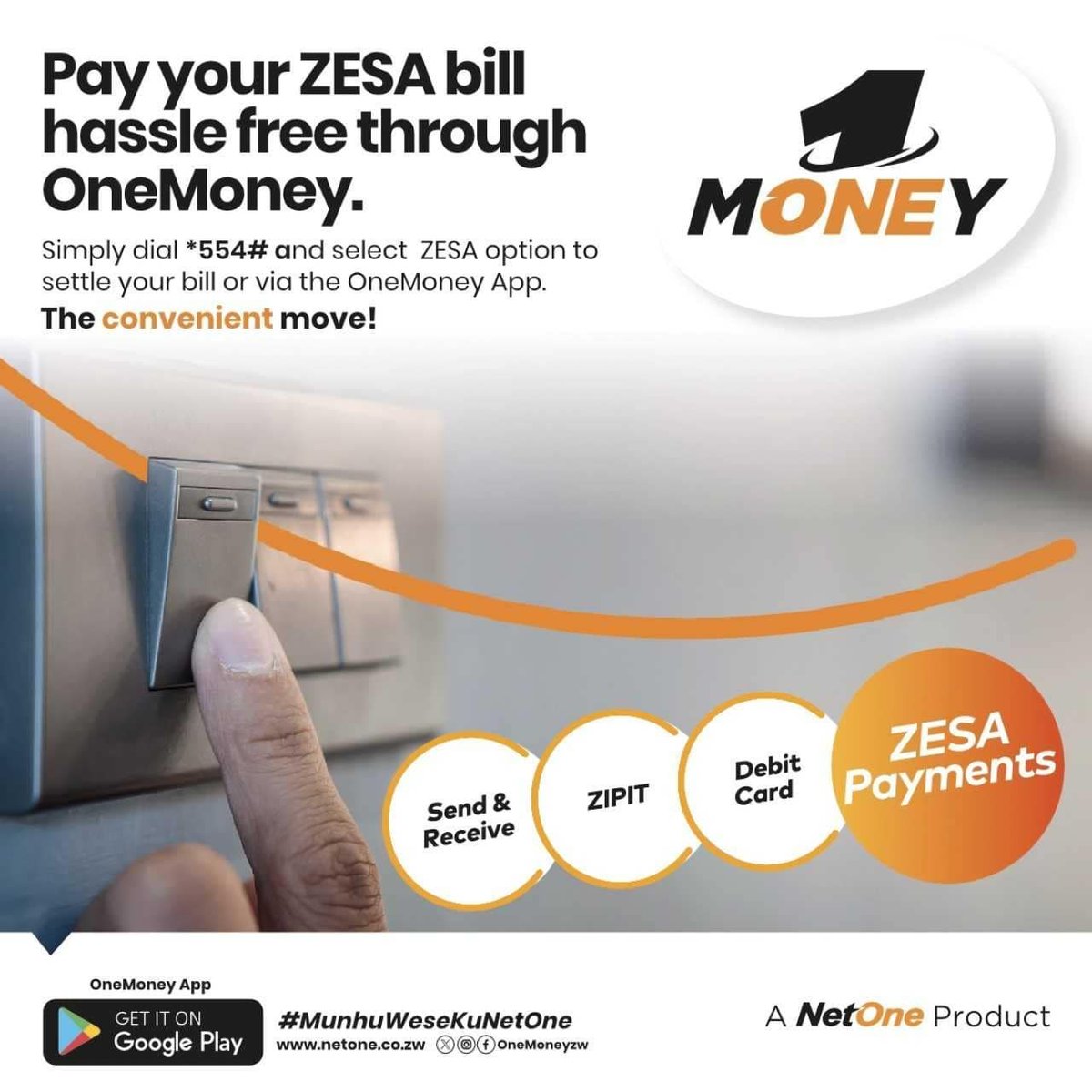 Make your ZESA payments the CONVENIENT way via ONEMONEY. Dial *554# or make use of the OneMoney Mobile App for a hassle-free ZESA purchase. #OneMoney #TheConvenientMove