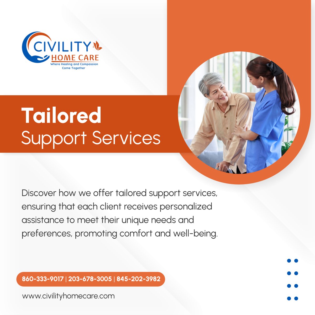 Experience personalized assistance and support with Civility Home Care - Danbury's tailored services, designed to meet your unique needs and preferences with compassion and professionalism. 

#SupportServices #PersonalizedCare #HomeCare #NewingtonCT #HomeCareAndMedicalSupplies