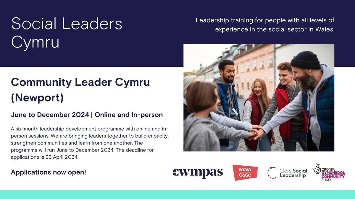 🚨Applications for the Community Leader Cymru (Newport) programme close on Monday the 22nd of April! Make sure you apply for this free programme for 3rd sector leaders in Wales. ➡️: buff.ly/3W4395z
