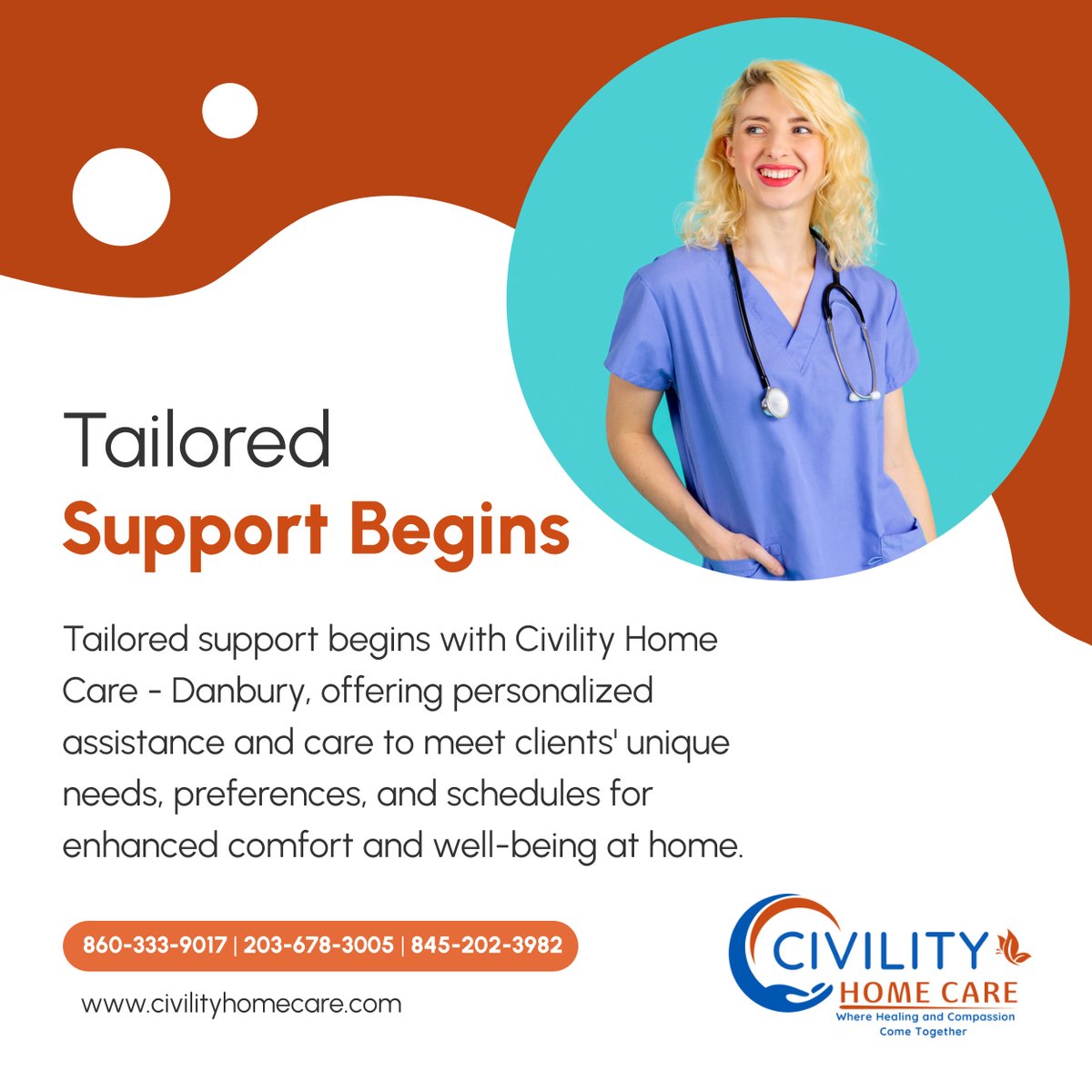 Begin your journey to tailored support. Civility Home Care - Danbury provides personalized assistance and care for clients' unique needs at home. 

#SupportServices #HomeCare #BrewsterNY #SeniorCare #ComfortAtHome #HomeCareAndMedicalSupplies