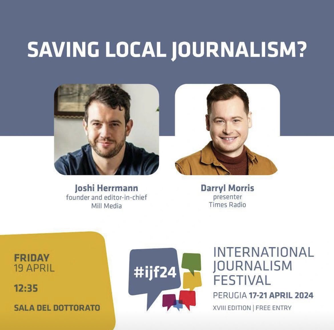 ITALY. Hi. Sorry for shouting. I’m at the International Journalism Festival this week and I’ll be on stage grilling @joshi about his media empire at 12:35 (11:35 UK) today. You can watch it live online here: journalismfestival.com/programme/2024… #ijf24 @journalismfest