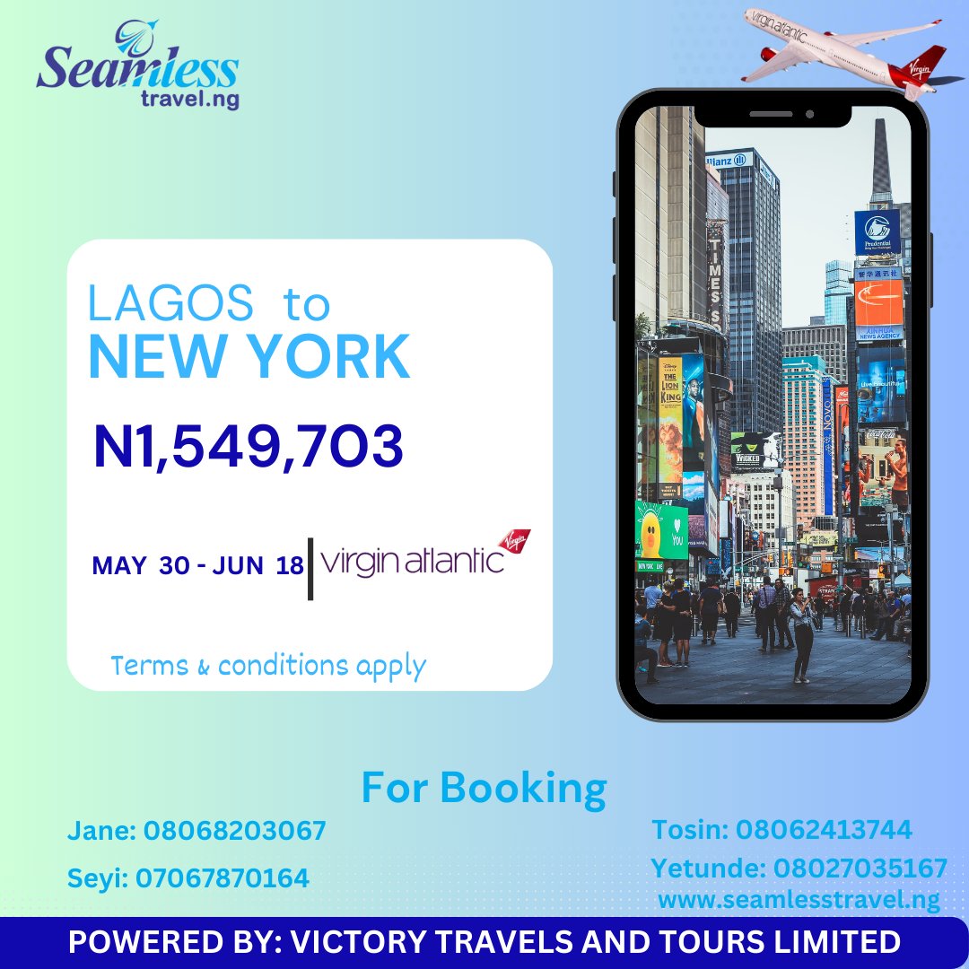 Fly in style with @virginatlantic

You pay today at a cheaper rate and travel later.

Book now on seamlesstravel.ng
 
#Flight #FlightDeals #FlightBooking #Lagos #NewYork #London #VirginAtlantic