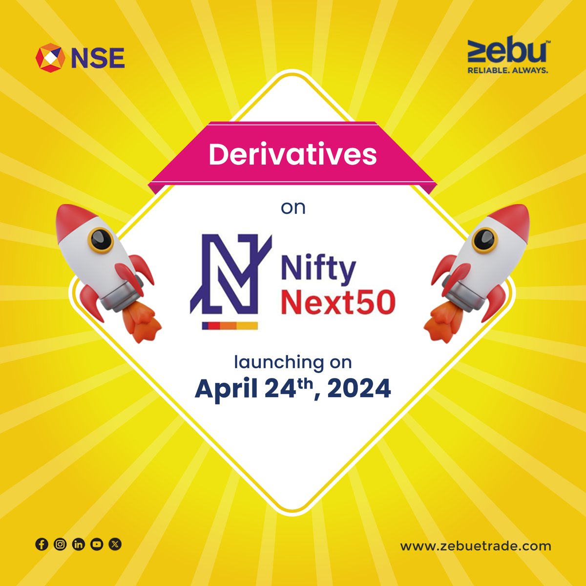 Exciting news: Derivatives on Nifty Next50 set to launch on April 24th, 2024!

#DerivativesLaunch #NiftyNext50 #TradingNews #MarketUpdates #FinancialMarkets #InvestingInsights #OptionsTrading #NSEAnnouncement #NSE #simplifywithmynt #zebu