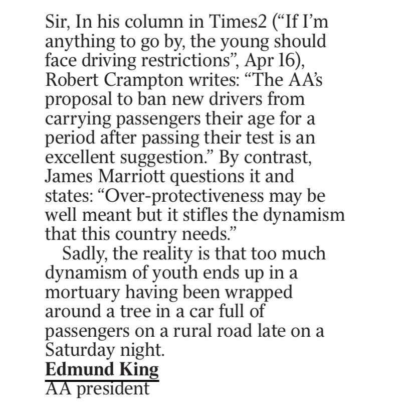 My letter in ⁦@thetimes⁩ today on young drivers. ⁦@TheAA_UK⁩ Motoring Manifesto calls for change.