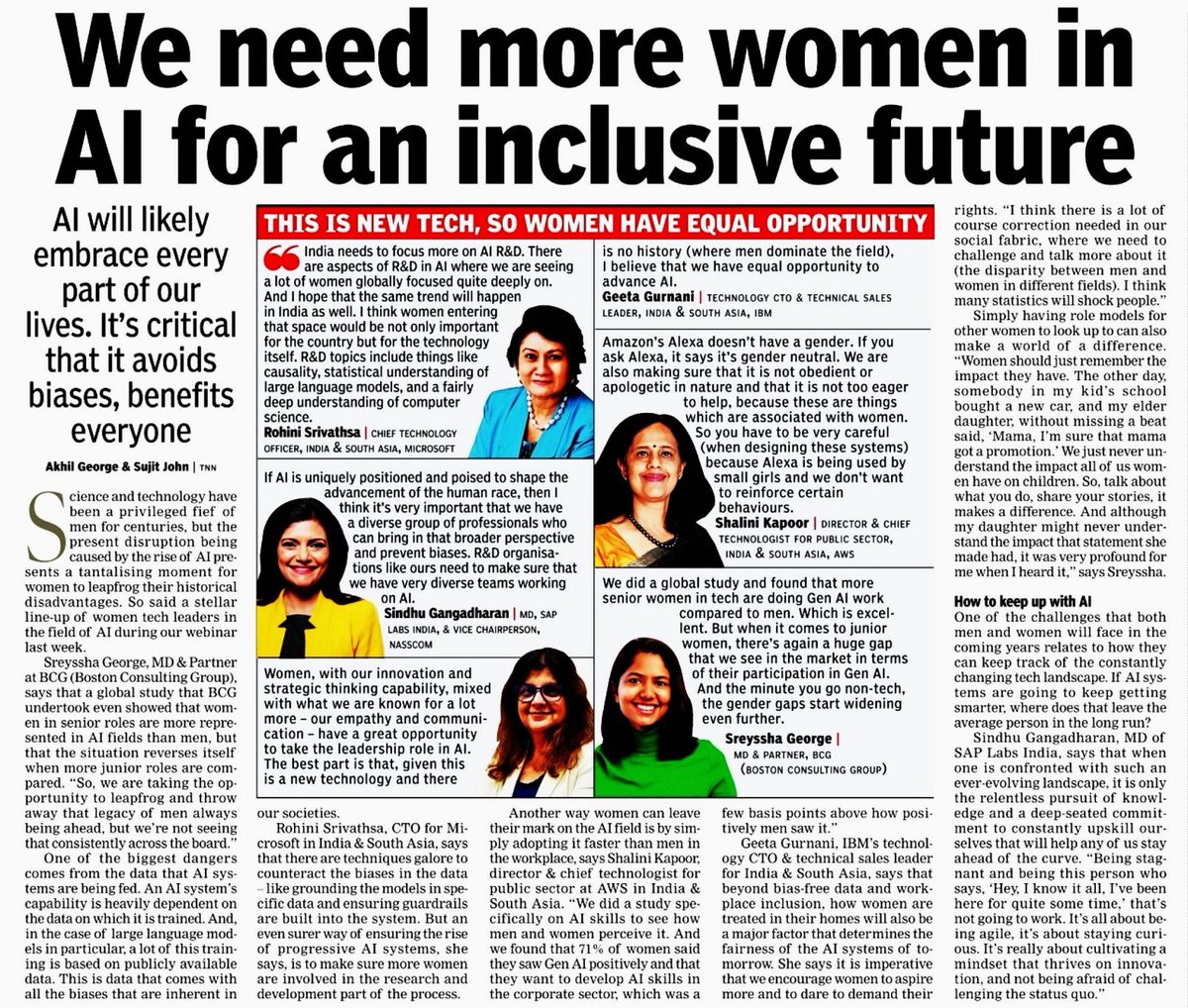 AI is a new and emerging technology, so everyone, irrespective of the gender, has an equal opportunity here. Thank you @sujitjohn for hosting this inspiring conversation with @RohiniSrivathsa @geeta_gurnani @shalinikap and Sreyssha! @nasscom @timesofindia