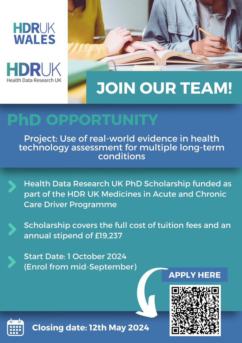 🆕fully funded @HDR_UK #PhD scholarship⭐️ ➡️Use of Real-World Evidence in Health Technology Assessment For Multiple Long-Term Conditions ✍️Supervisors: @rhiannonkowen @KRAbrams @DrJimRafferty @hamish_laing 🗓Closing: 12th May Apply here👉 swansea.ac.uk/postgraduate/s… @warwickstats