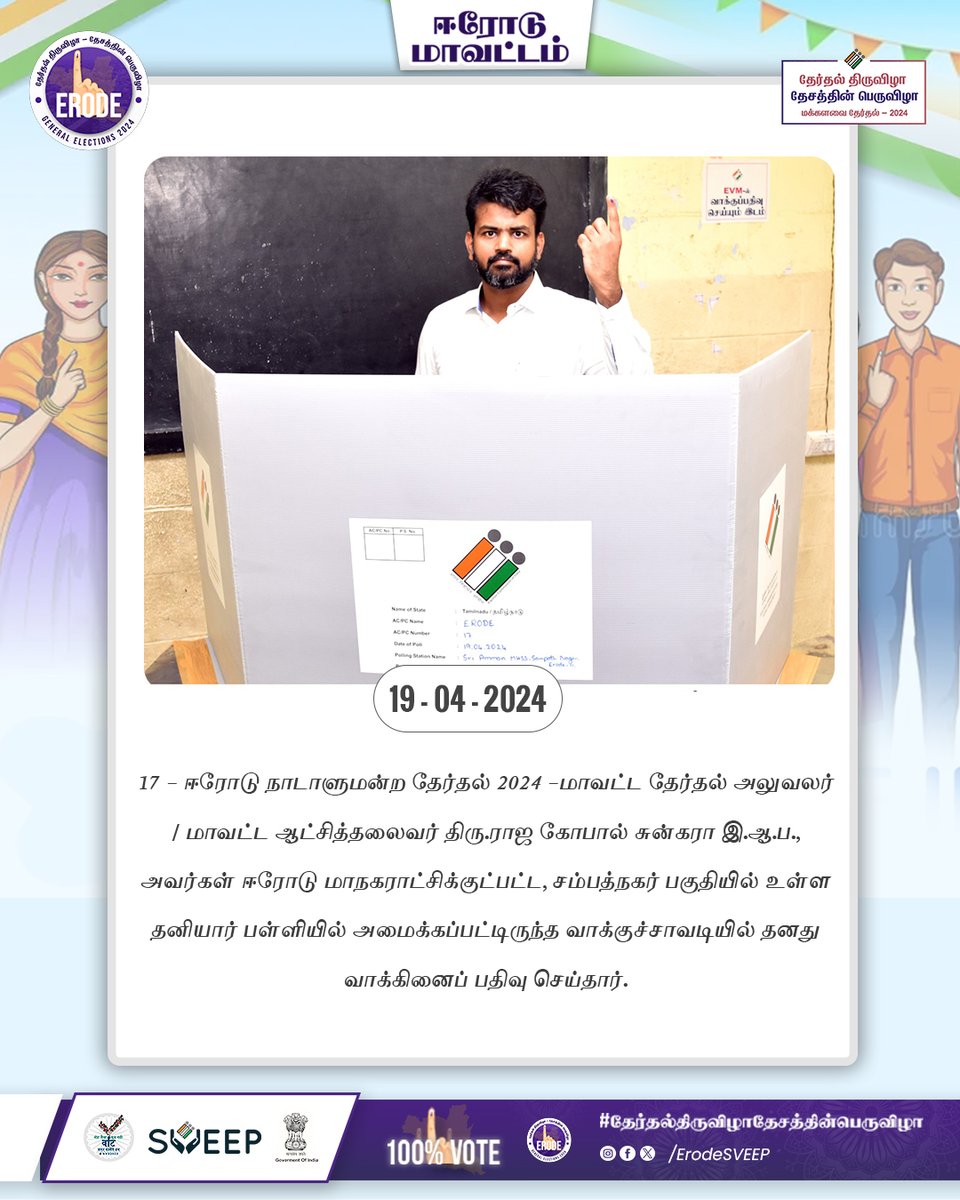 ErodeSVEEP's tweet photo. 17 - ஈரோடு நாடாளுமன்ற தேர்தல் 2024 -மாவட்ட தேர்தல் அலுவலர் / மாவட்ட ஆட்சித்தலைவர் திரு.ராஜ கோபால் சுன்கரா இ.ஆ.ப., அவர்கள் ஈரோடு மாநகராட்சிக்குட்பட்ட, சம்பத்நகர் 
பகுதியில் உள்ள தனியார் பள்ளியில் அமைக்கப்பட்டிருந்த வாக்குச்சாவடிய��ல் தனது வாக்கினைப் பதிவு செய்தார். https://t.co/txWEn8070K