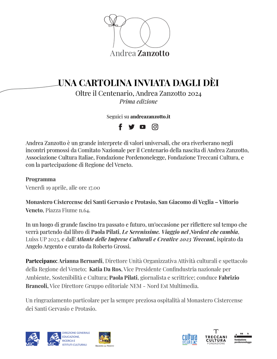 'Una Cartolina inviata dagli Dèi', oltre il Centenario, 🗨️📚🌼con una serie di appuntamenti promossi da Comitato Nazionale @cultura_italiae @pordenonelegge @fond_treccani, e con la partecipazione @RegioneVeneto.

#AndreaZanzotto #Zanzotto100