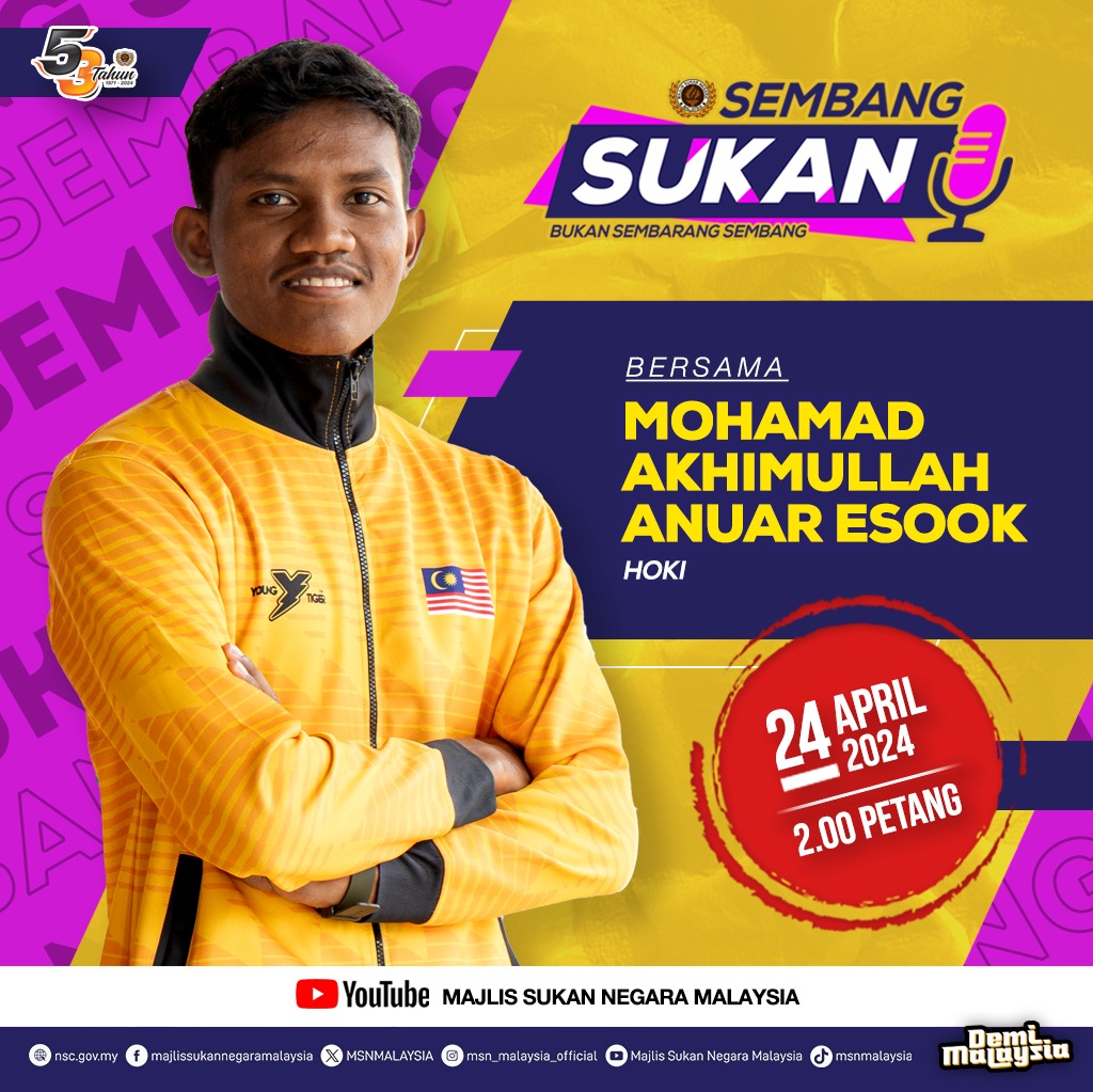 Jangan lupa saksikan Mohamad Akhimullah, Atlet Hoki 5s Negara dalam Sembang Sukan pada jam 2.00 petang di Saluran YouTube Majlis Sukan Negara!

#DemiMalaysia
#KontinjenMALAYSIA
#MalaysiaRoar