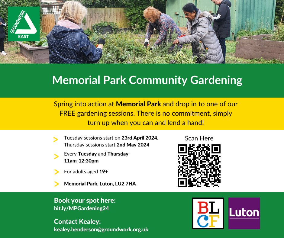 FREE Luton gardening sessions 🌱 We are offering FREE gardening sessions at Memorial Park on Tuesdays and Thursdays from 11am-12:30pm. Conta kealey.henderson@groundwork.org.uk or register your interest here bit.ly/3QaNTQJ @lutoncouncil @bedlutcf