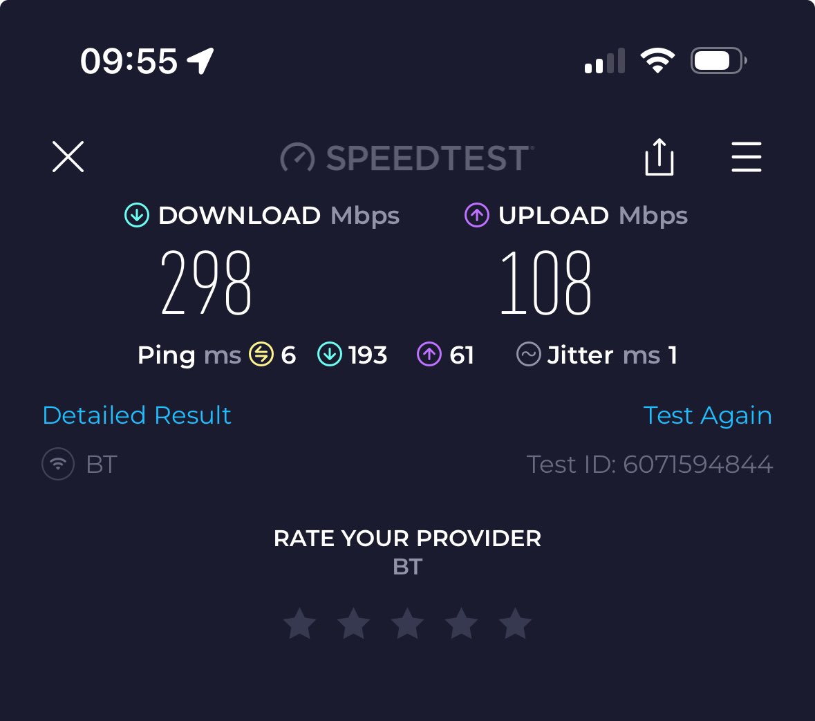 @NiallEco I’ve been trying to bin off my phone line for years! Haha!

Still have FTTP too, starlink is backup and for road trips. Was super helpful when a tree took out all of our roads fibre for 3 weeks!

This is what I get on 1000mbps fibre via WiFi, full 950-980mbps via cable.
