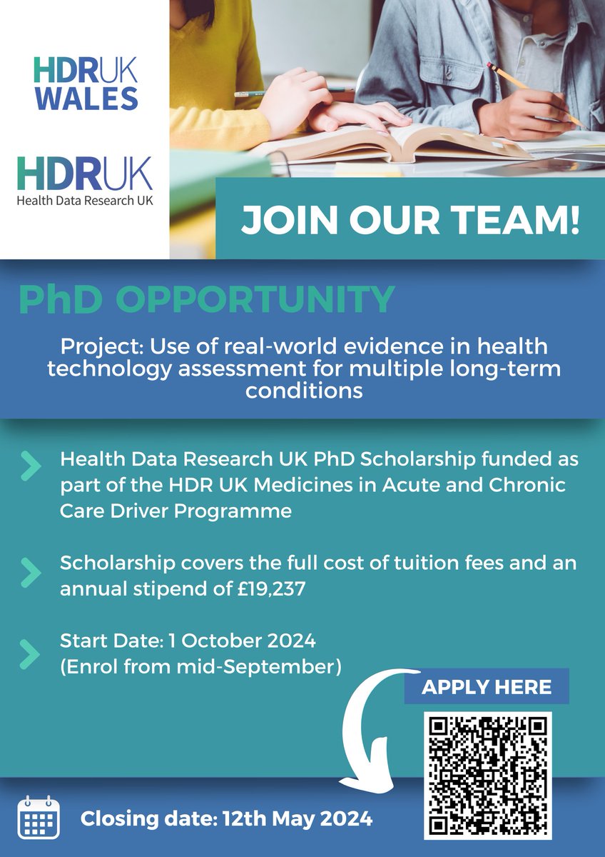🆕fully funded <a href="/HDR_UK/">Health Data Research UK (HDR UK)</a> #PhD scholarship🌟

➡️Use of Real-World Evidence in Health Technology Assessment For Multiple Long-Term Conditions

✍️Supervisors: @rhiannonkowen @KRAbrams <a href="/DrJimRafferty/">Jim Rafferty</a> <a href="/hamish_laing/">Hamish Laing</a>

🗓Closing: 12th May
Apply here👉 swansea.ac.uk/postgraduate/s…
<a href="/SAILDatabank/">SAILDatabank</a>