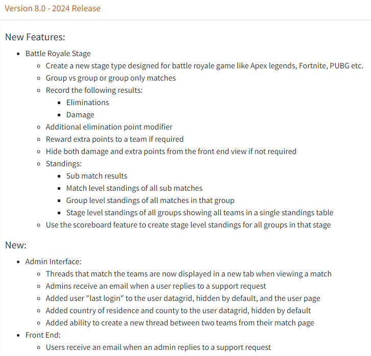 Our 2024 major release is now on its way to our customers' development sites for testing. V8.0 Includes: ✅ New Battle Royale Stage Option ✅ Improved Discussion Threads ✅ Admin Interface Improvements ✅ Various Other Bug Fixes & Improvements epictournaments.gg