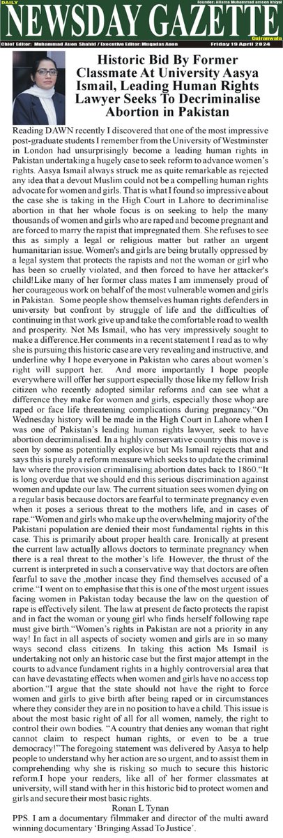 Media Report!! #ProChoice Historic Bid By Former Classmate At University Aasya Ismail, Leading Human Rights Lawyer Seeks To Decriminalise Abortion in Pakistan.#WomenRights