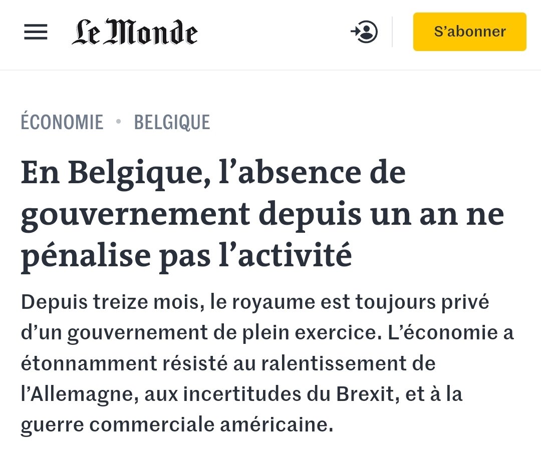 @priscathevenot @RabayAnne @GabrielAttal @EmmanuelMacron @GDarmanin En route vers le crédit social Chinois...

Il y a pas si longtemps, la Belgique c'était retrouvé sans gouvernement pendant de mois et bizarrement, ça s'est pas trop mal passé.
lemonde.fr/economie/artic…

Perso je rêve que Macron & Co ne fassent RIEN ces 3 prochaines années