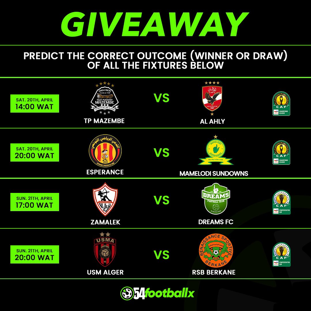 WEEKLY GIVEAWAY IS BACK! 🔔 Predict correctly the outcome (not scores) of the games below and stand a chance to be one of our 2 lucky random winners of our cash prize. Prediction ends 12:00pm on Saturday. NB: must be following and retweet #54footballx