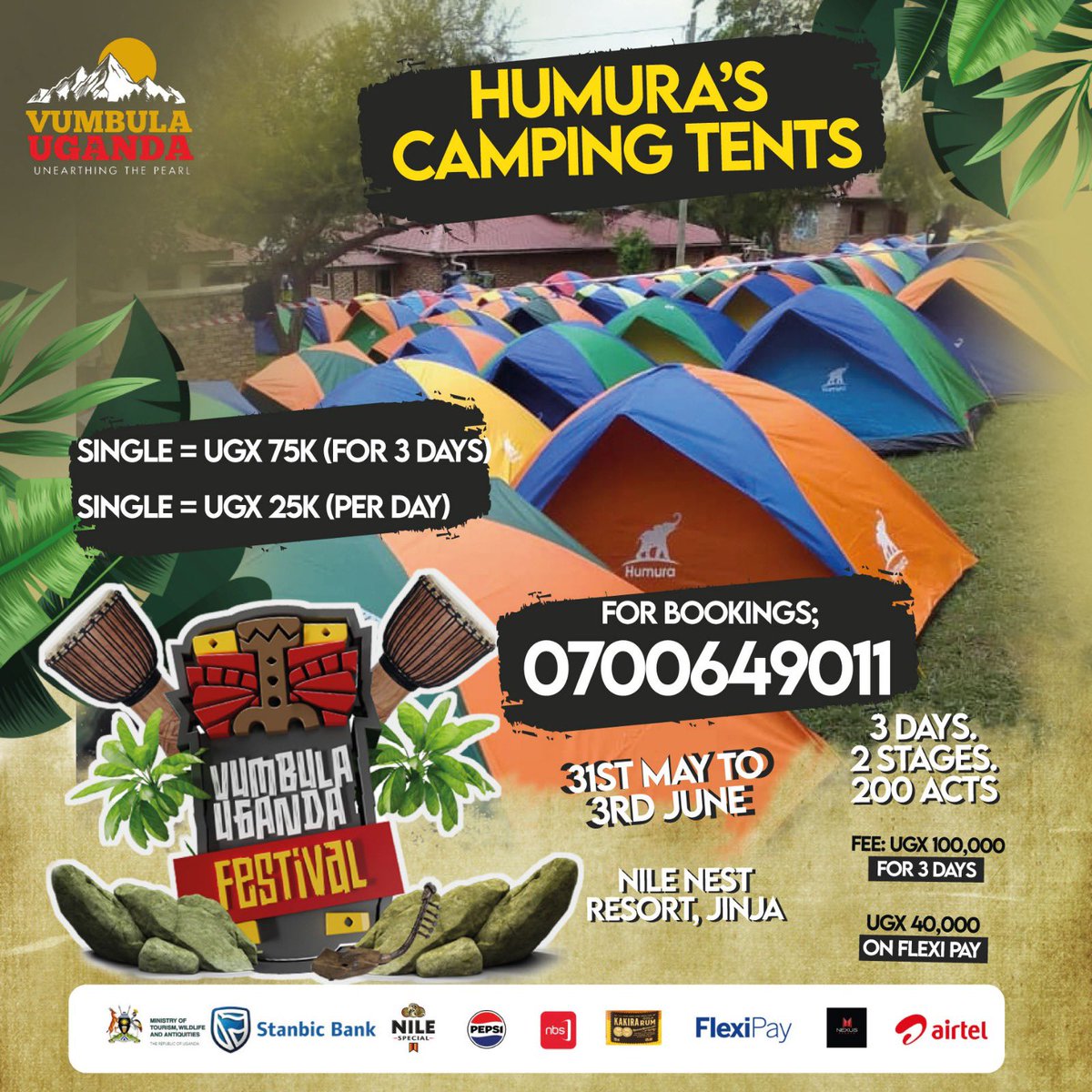 After partying all night, you definitely need to rest. The #VumbulaUgandaFestival offers budget-friendly tent accommodations for all the days of the event. For bookings, call: 0700649011 Courtesy of @HumuraTourism
