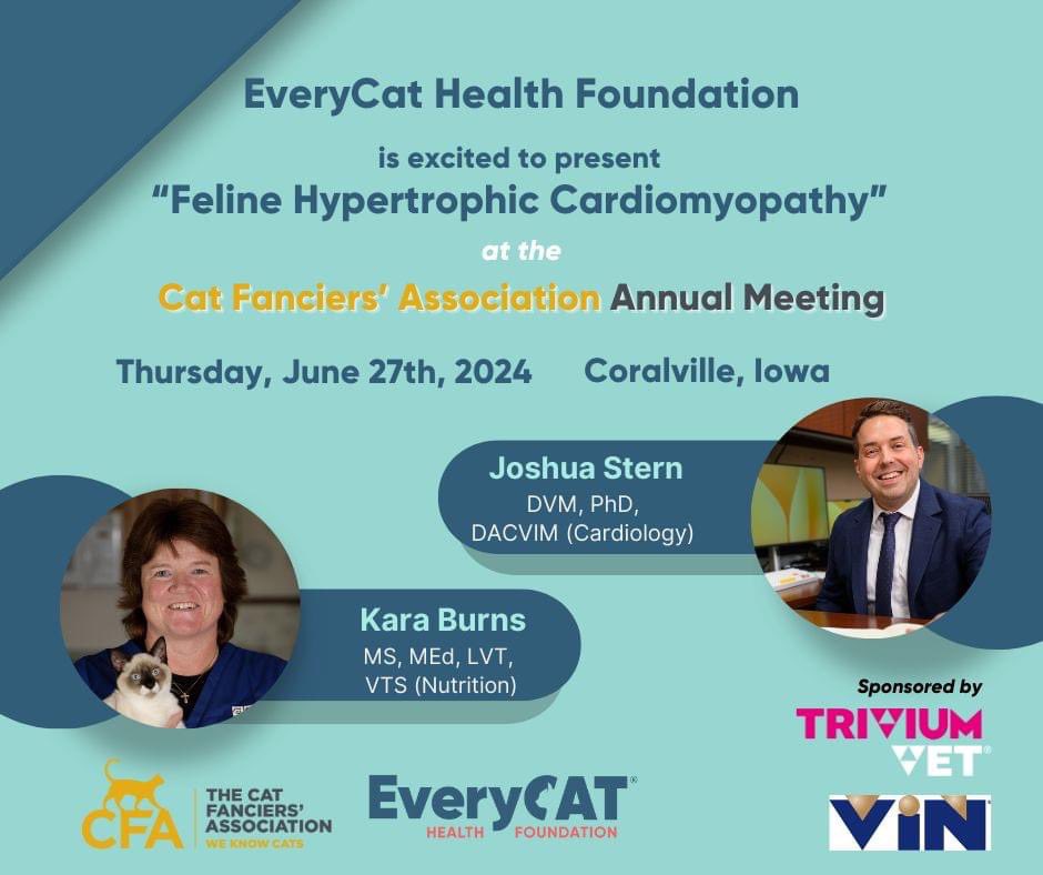TriviumVet (@triviumvet) on Twitter photo Triviumvet are delighted to sponsor <a href="/everycathealth/">EveryCat Health Foundation</a> 2024 Feline Health Symposium at the <a href="/CFAORG/">Cat Fanciers' Association CFA</a> Annual Meeting. The topic for this year's symposium is Feline Hypertrophic Cardiomyopathy.
Click the link to learn more and reserve your seat.
ow.ly/HuFE50RiC4X Triviumvet are delighted to sponsor <a href="/everycathealth/">EveryCat Health Foundation</a> 2024 Feline Health Symposium at the <a href="/CFAORG/">Cat Fanciers' Association CFA</a> Annual Meeting. The topic for this year's symposium is Feline Hypertrophic Cardiomyopathy.
Click the link to learn more and reserve your seat.
ow.ly/HuFE50RiC4X