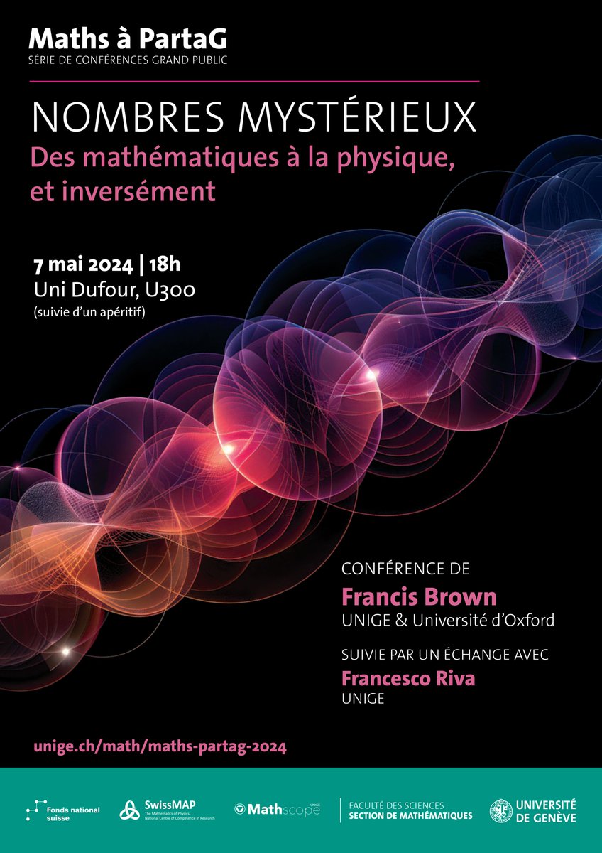 📢Join us for the launch 🚀 of #MathsÀPartaG, a #PublicLecture Series bringing the research carried out by the Section of #Mathematics to a wider audience. (FR) 🗓️ 7th May 📍@UNIGEnews ⏰ 18:00 🌟 by Francis Brown (@sciences_UNIGE & @OxUniMaths) tinyurl.com/4pc4b2mn