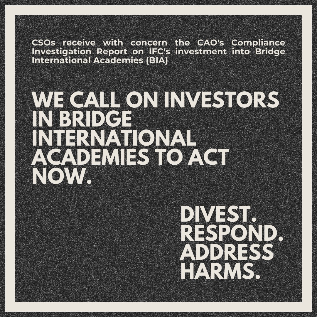 Together with 45 CSOs we call on investors in @BridgeIntlAcads (@NewGlobeEdu) to divest urgently, respond publicly to the findings of the Compliance Investigation Report and take all necessary measures to remedy the harm caused. Read the statement here: bit.ly/4d6urOIe