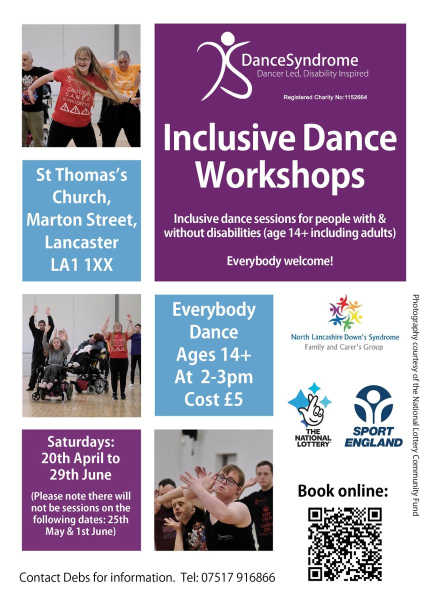 We're working in partnership with North Lancashire Down's Syndrome Group to deliver #inclusivedance sessions for young people with & without disabilities in #Lancaster This session reopens tomorrow (Saturday 20th April). To reserve a place visit: form.jotform.com/223285928780366