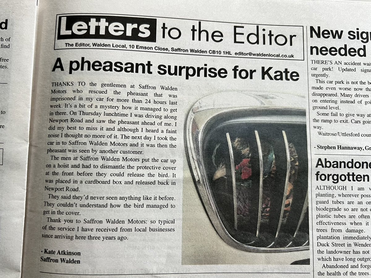 This might be the ultimate British good news story. Includes jeopardy, mystery, a nice car, and a polite thank you for excellent customer service. And a pheasant. @WaldenLocalNews