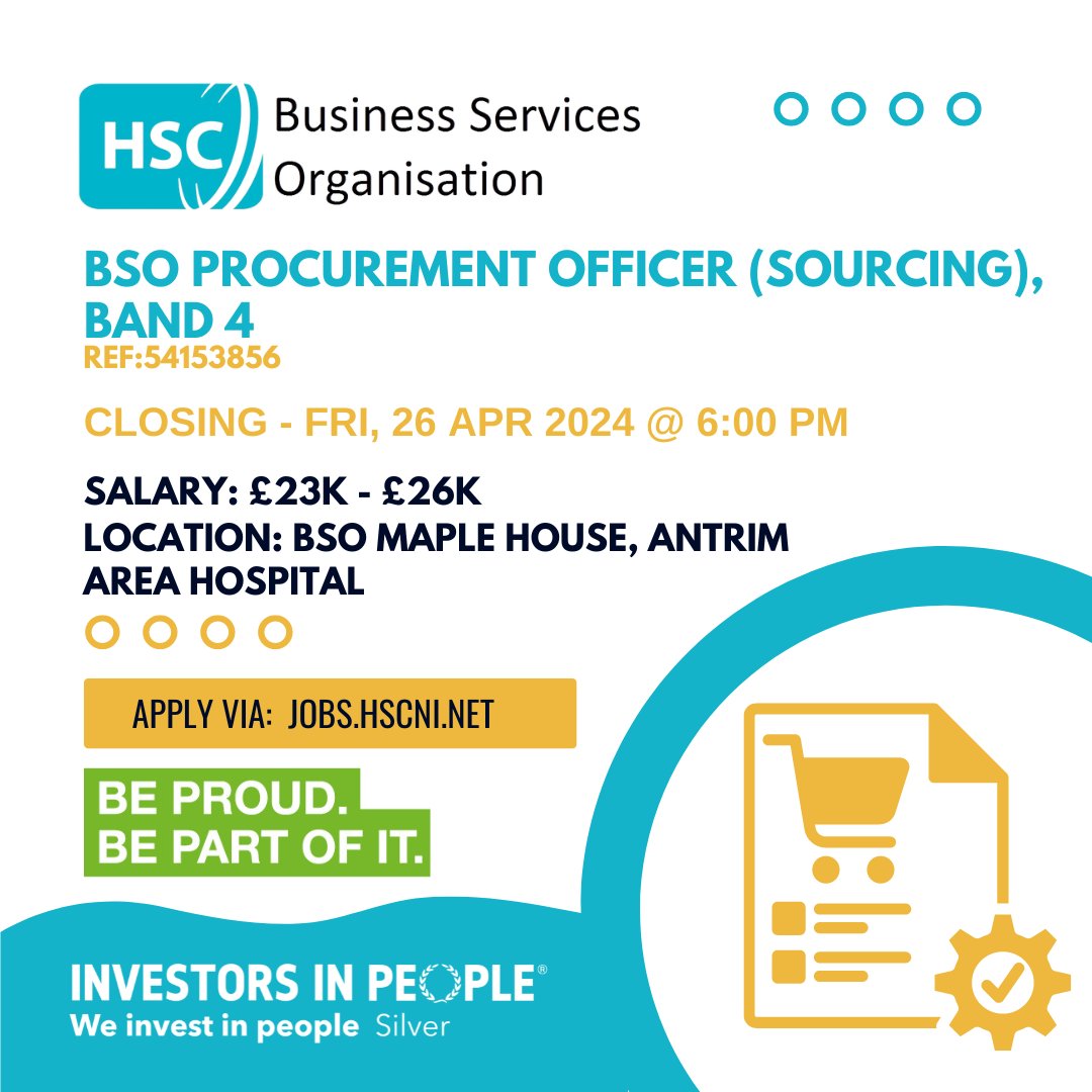 @BSO_NI Procurement Officer (Sourcing), Band 4 Location: BSO Maple House, Antrim Area Hospital Salary: £23k - £26k Closing Date: Fri, 26 Apr 2024 @ 6:00 PM For more information and to apply: jobs.hscni.net/Job/33635/bsob… #BSO #hscjobs #hscni #PaLS #Procurement #Antrim #NIjobs