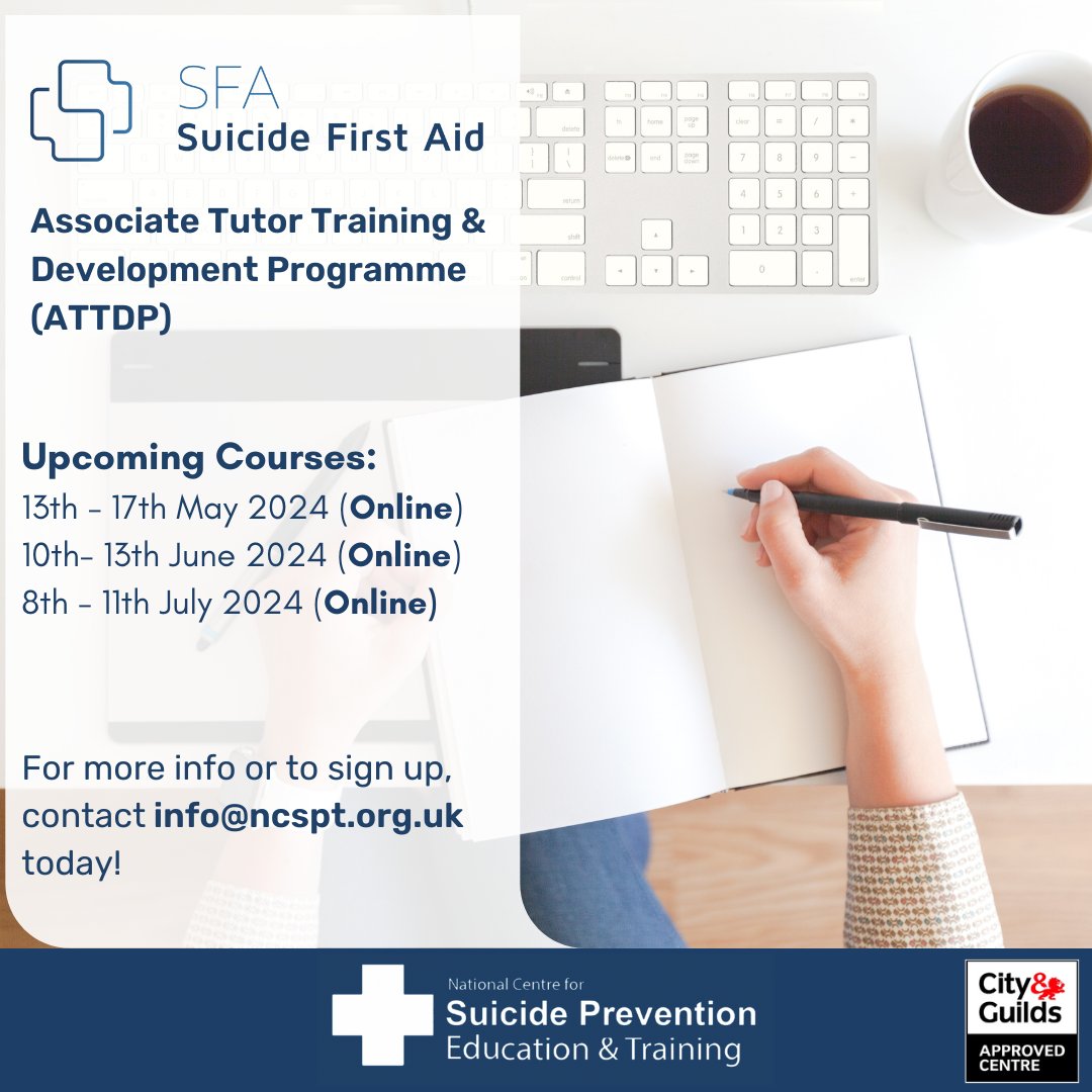 📢 Spaces Still Available: 13th - 17th May 2024 10th - 13th June 2024 8th - 11th July 2024 (All online via Zoom) To learn more about this course or apply, please contact info@ncspt.org.uk today! #SFA #suicideprevention #tutortraining #mentalhealth #mentalhealthmatters