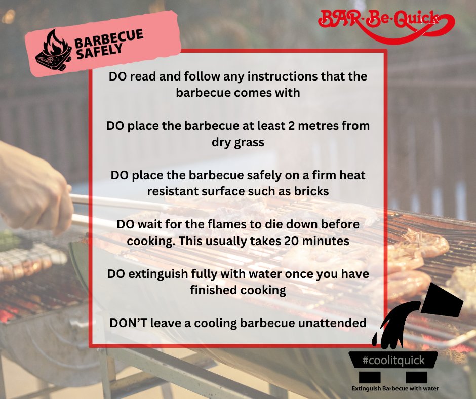 Barbecue season is here (we say so!) So, if you’re lighting up your barbecue, don’t forget our #coolitquick campaign and always have a bucket of water or a hose nearby, just in case. There's more safety tips here - barbequick.com/grillguide/bar… #bbq #bbqs #bbqfamily #bbqlovers