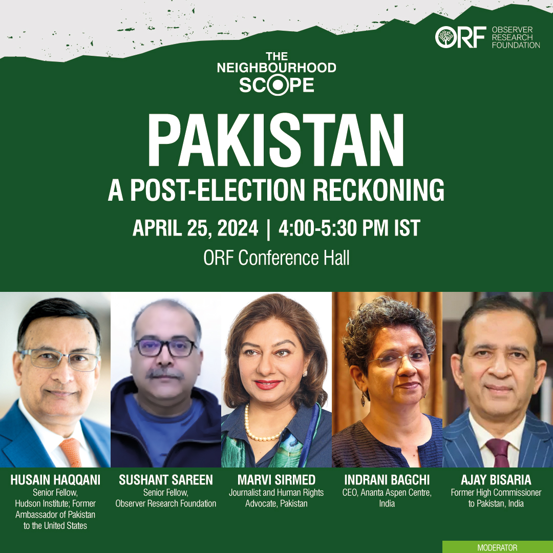 .@orfonline is hosting the latest edition of its Neighbourhood Scope series! Join us for a discussion on '#Pakistan: A Post-Election Reckoning' featuring @husainhaqqani, @sushantsareen, @marvisirmed, @IndBagchi & @Ajaybis 25 April 2023 | 4.00 PM | IST Register here: