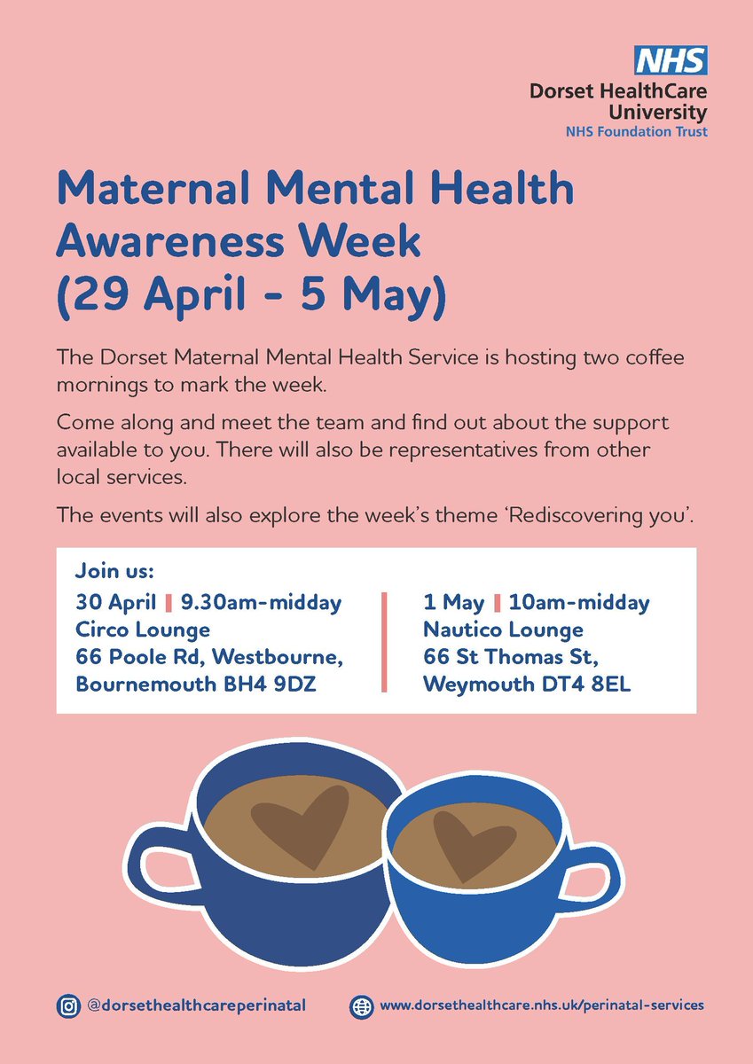 Dorset’s Maternal Mental Health Service will be hosting two coffee mornings to mark Maternal Mental Health Awareness Week (29 April - 5 May).

Please share with friends and family.

Learn more here: buff.ly/49HSCAj 

#MaternalMentalHealth

<a href="/DorsetHealth/">Dorset HealthCare</a> <a href="/UHD_NHS/">University Hospitals Dorset NHS Foundation Trust</a> <a href="/DCHFT/">Dorset County Hospital NHS Foundation Trust</a>