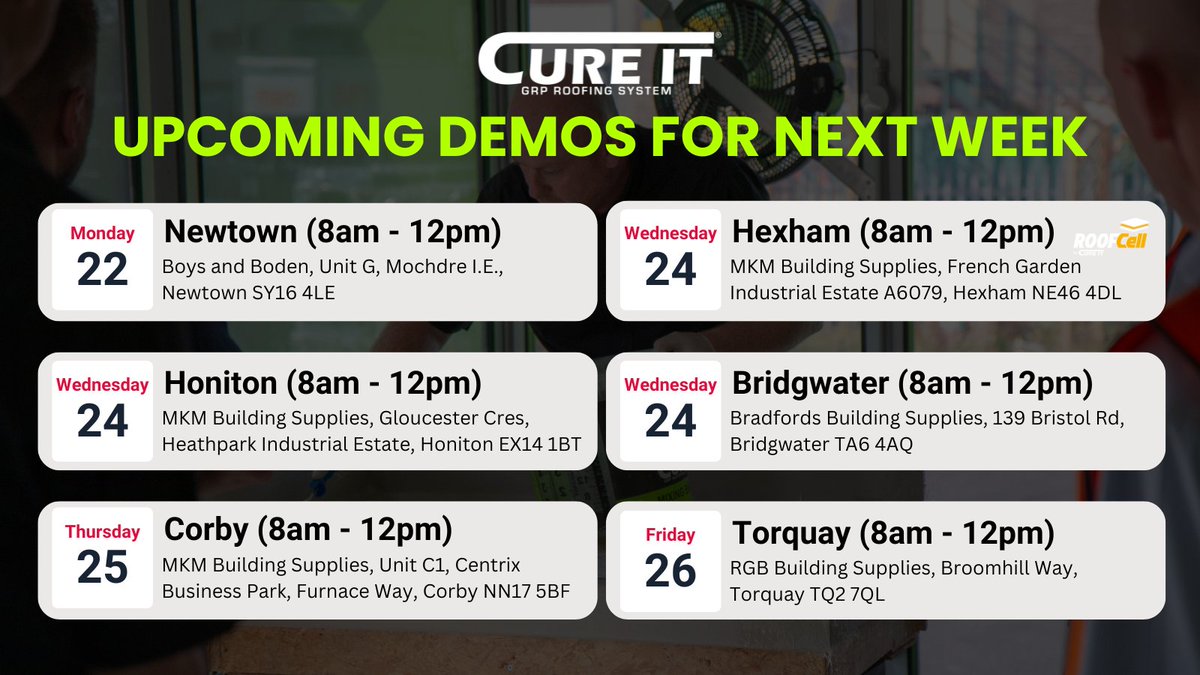Excited to learn how to install a Cure It GRP flat roof in just 5 stages? 🤔

Join us at one of our upcoming demo days next week and build your skills with our expert team! 🔨🏠 

#CureItDemoDays #GRP #Flatroofing