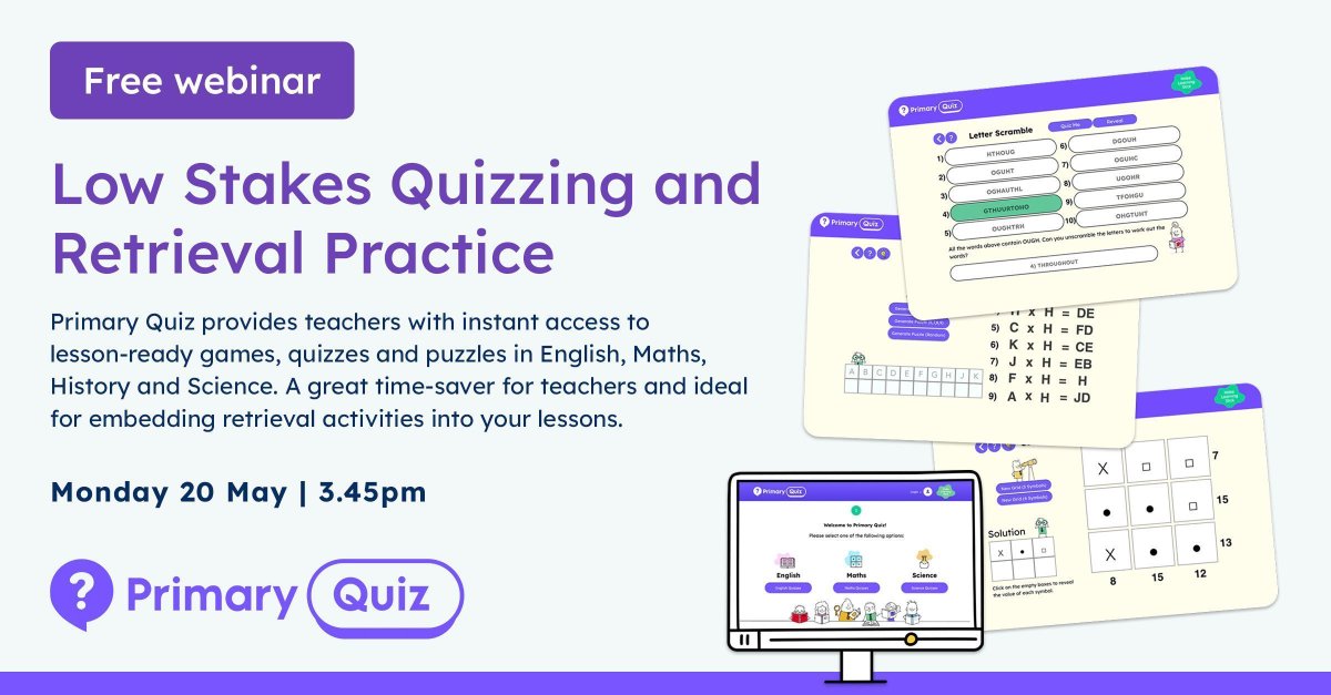 Free Webinar CPD for #PrimarySchool #Teachers 📣

Our latest webinar looks at the impact of low-stakes quizzing in the classroom!

🗓️ Monday 20 May | 3.45pm

Why not join us on one of our webinars to find out more? 👉 buff.ly/4ba4xrR 

#Edtech #LessonResources #Classroom