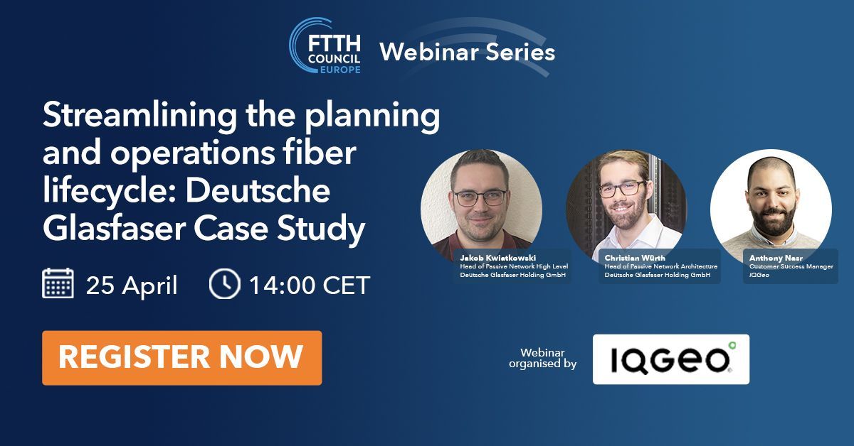 Less than a week to this brand-new session by our sponsor @IQGeo! 📆 25 April 2024 ⏰ 14:00 CEST Register now not to miss the opportunity to dive into Deutsche Glasfaser's strategic #network management aims ➡️ buff.ly/3vVPgvz