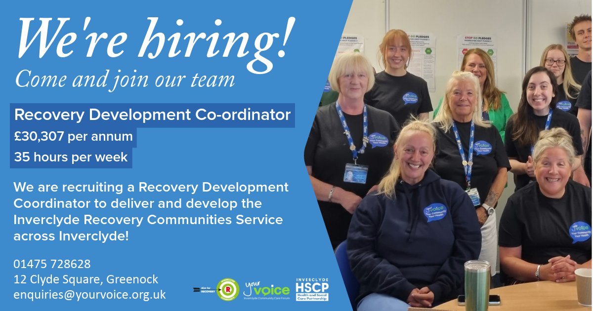 Join our team! 😀 We are recruiting a Recovery Development Coordinator, to deliver and develop the Inverclyde Recovery Communities Service across Inverclyde! Think you have what it takes? Visit our website! yourvoice.org.uk/vacancies 💚💙 #vacancy #greenock #recovery