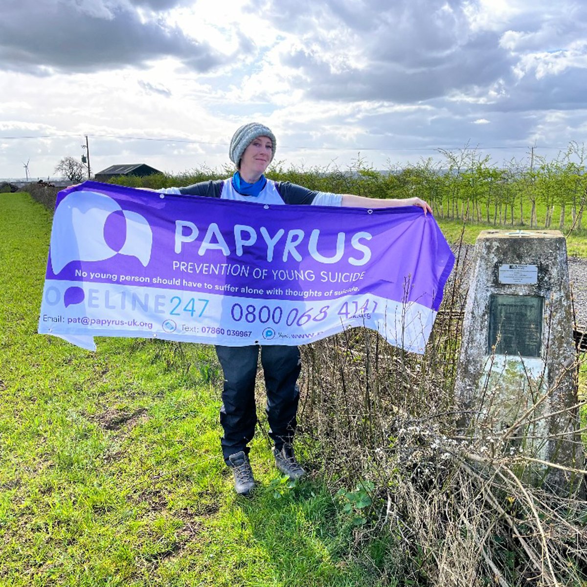 OrdnanceSurvey's tweet photo. Caren completed her mission to visit all 51 trigs in Northamptonshire in 51 days between January and March this year, raising awareness and funds for Papyrus Young Suicide Prevention 👏 #TrigWeek https://t.co/UP94PjiFaB